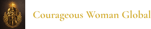 Gold text reading 'Courageous Women' on a white background.