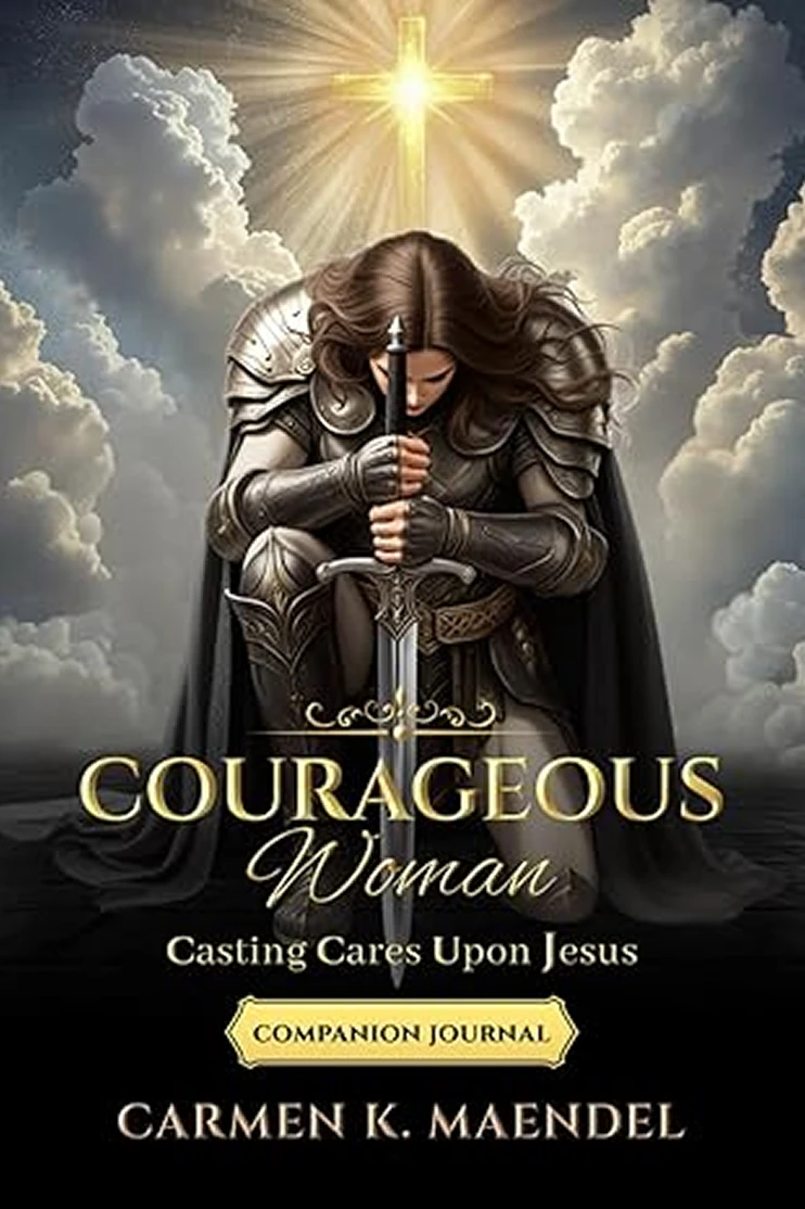 Courageous woman in armor praying